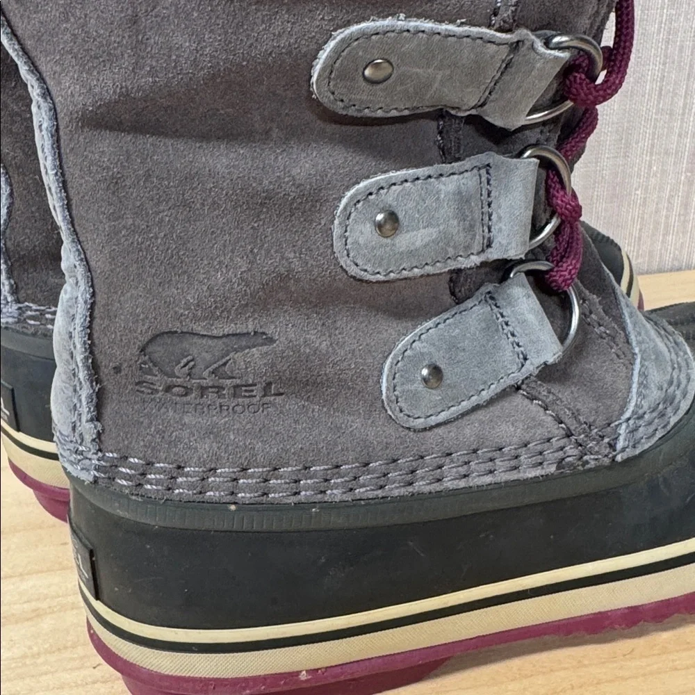 Sorel Joan of Arctic Knit winter boots shale and purple colorway Women's 7